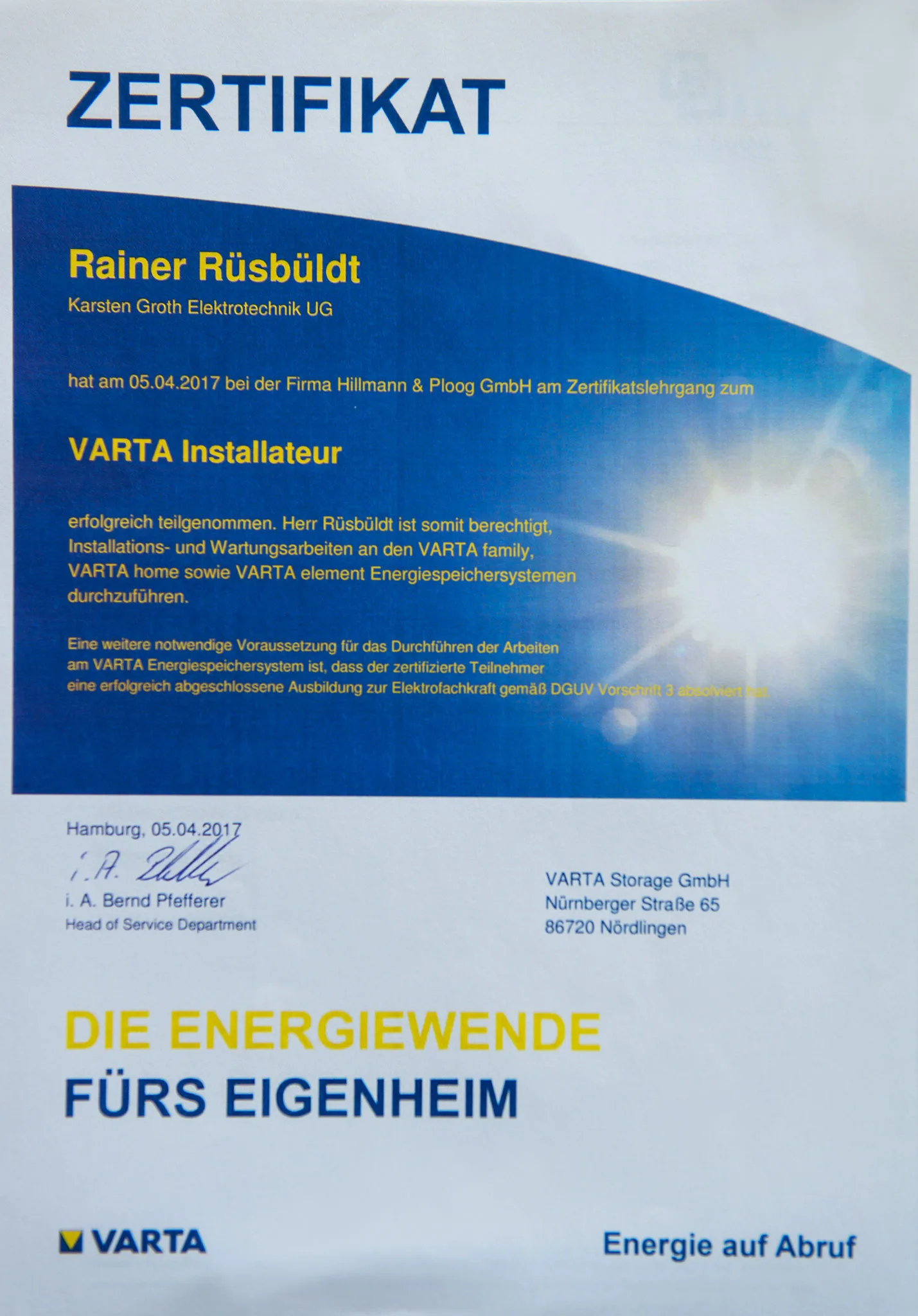 Zertifikat 2 der Karsten Groth Elektrotechnik GmbH