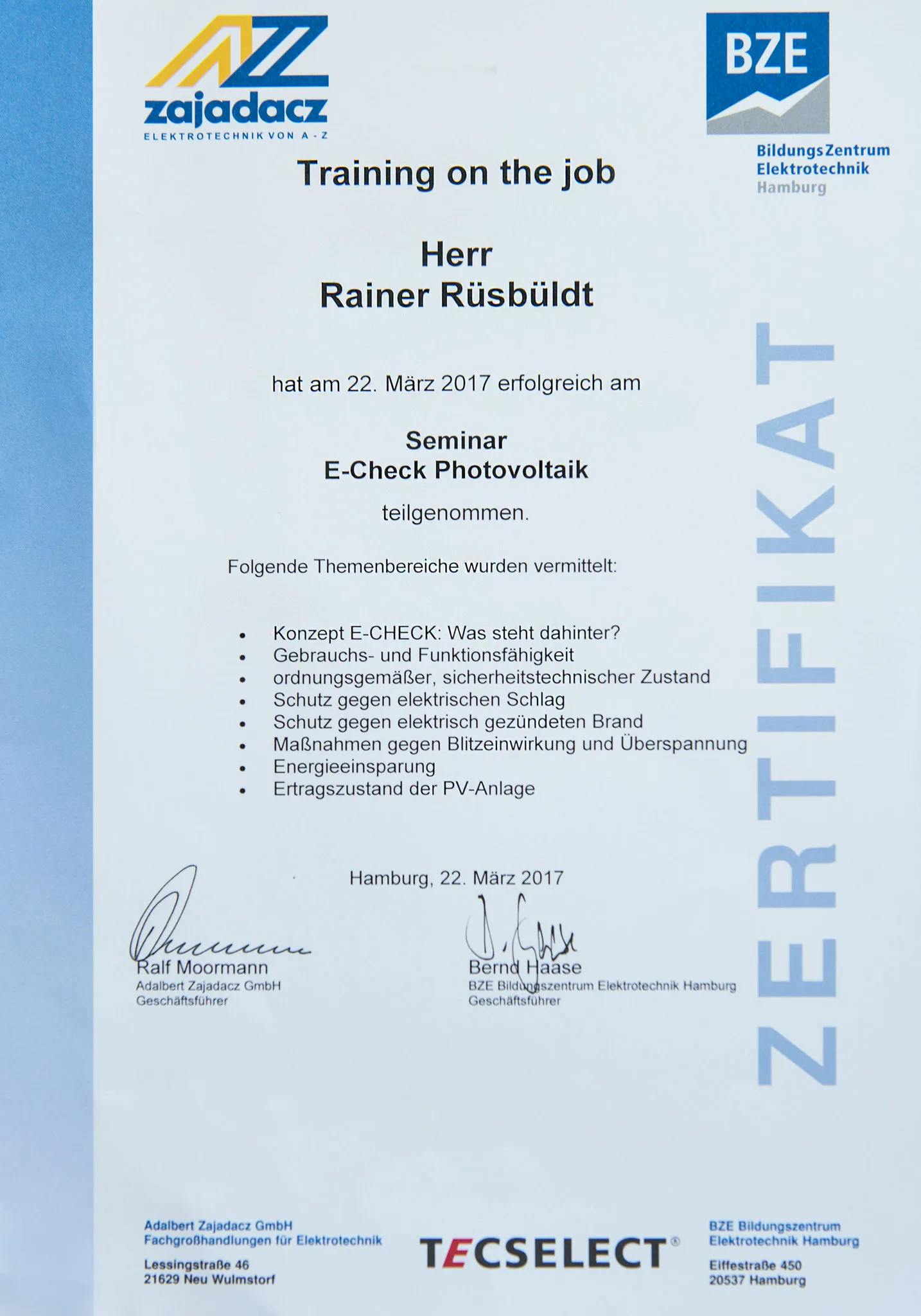 Zertifikat 3 der Karsten Groth Elektrotechnik GmbH