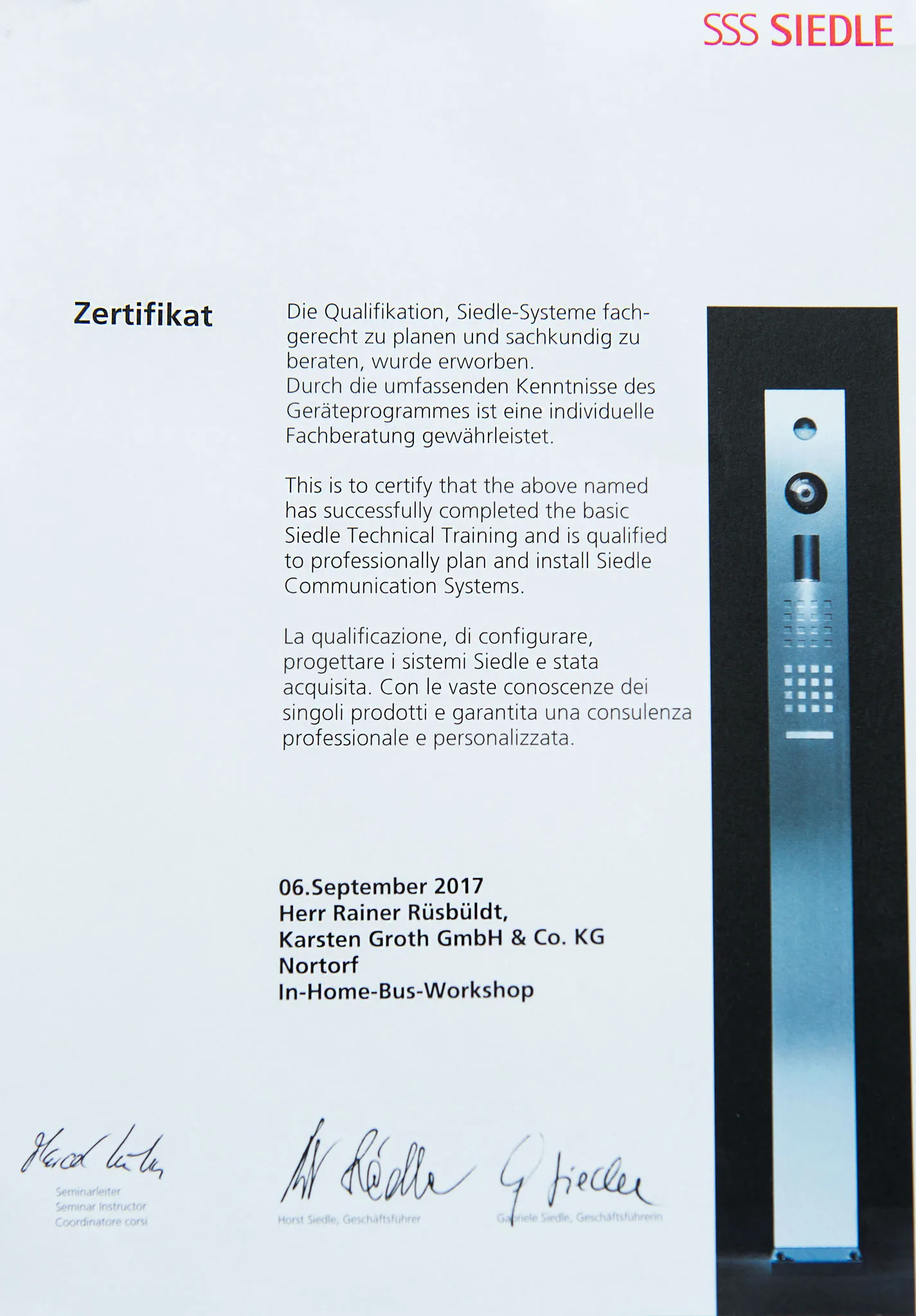 Zertifikat 4 der Karsten Groth Elektrotechnik GmbH