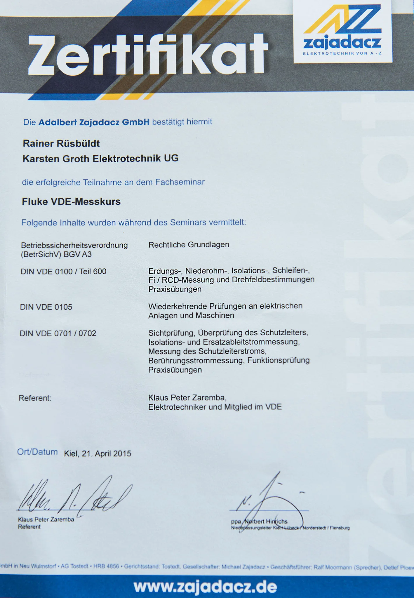 Zertifikat 5 der Karsten Groth Elektrotechnik GmbH